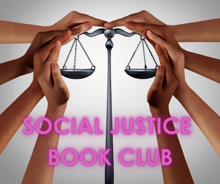 Logo for the Social Justice Book Club. Several hands are shielding a pair of scales.