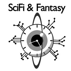 A logo for a sci-fi/fantasy book club. The words 'SciFi & Fantasy' are displayed, over an eye. The eye has a planetary ring around it, a clock face on it, as well as circuitry extending out from it.
