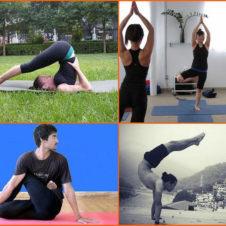 A square image containing four images of people in various yoga poses.