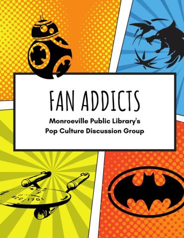 A logo for Fan Addicts. Features BB-8, the Witcher sigil, the Enterprise, and the Bat-Symbol on different colored backgrounds.