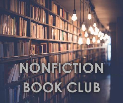Promotional Image for a Non-Fiction Book Club. A long wall of bookshelves, illuminated by exposed lightbulbs. Features the words 'Non-Fiction Book Club' in grey.