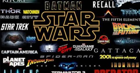 Logos for many franchises against a black background. Examples include Star Wars, Star Trek, Fifth Element, Guardians of the Galaxy, and Indiana Jones.