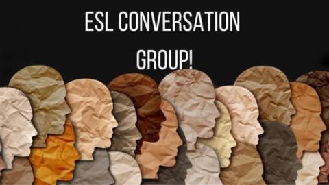 A banner for an ESL Conversation Group. It features outlines of heads in a variety of colors against a black background.