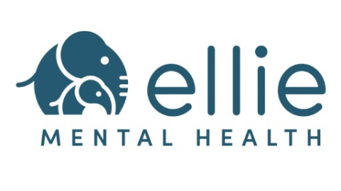 Logo for Ellie Mental Health depicting a large and a small elephant standing next to each other. To the right is "Ellie" and below is "Mental Health".