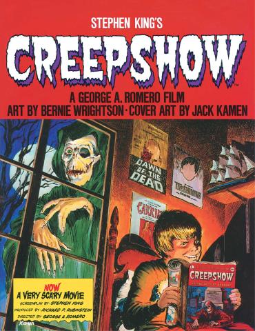 Poster for film 'Creepshow'. Depicts a child reading a pulp magazine entitled 'Creepshow' while a skeletal robed figure looks on from his window.