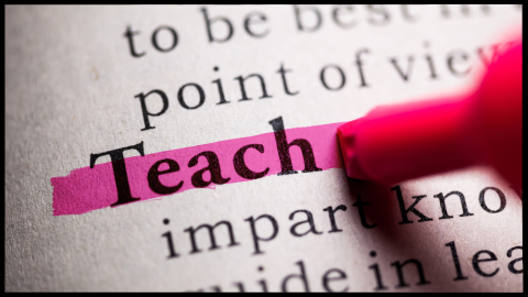 Cover photo for teaching event. Features dictionary definition of "teach" highlighted in pink.