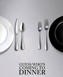 Image of a dinner set with black and white plates to either side. Text reads, "Guess Who's Coming to Dinner".