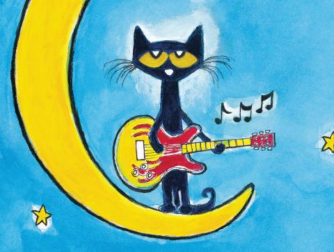 Pete the Cat playing guitar on the moon