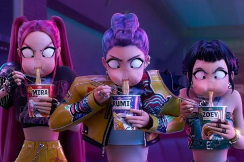 K-Pop Demon Hunters characters eating ramen