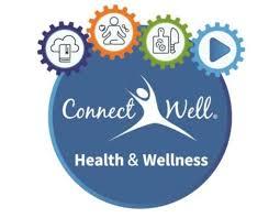 The ConnectWell logo: a person jumping between the words Connect and Well. Underneath, it says Health and Wellness. Four images are above the logo, each with a ConnectWEll database feature. The first is a book with a bookmark and a cloud behind it, representing Health Information Library. The second is a person sitting cross-legged with an apple and weight on either side of them, representing Wellness Initiatives: Health Information Library, Wellness Initiatives, Healthy Recipe Collection, and a play button