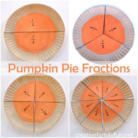 Paper plates decorated like pumpkins and divided into fractions