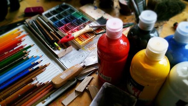 Paint supplies on top of table