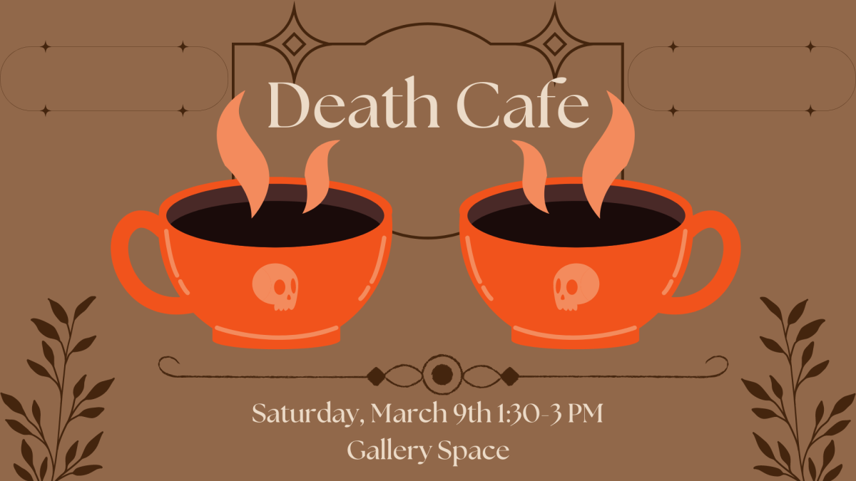 Promo Image for Death Cafe. Features two orange mugs of coffee with a skull on each against a brown background.