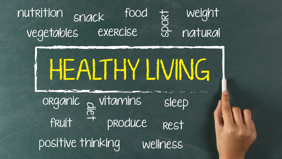 Chalkboard with "Healthy Living" highlighted. Other words such as "diet" "nutrition" and "exercise" surround it.