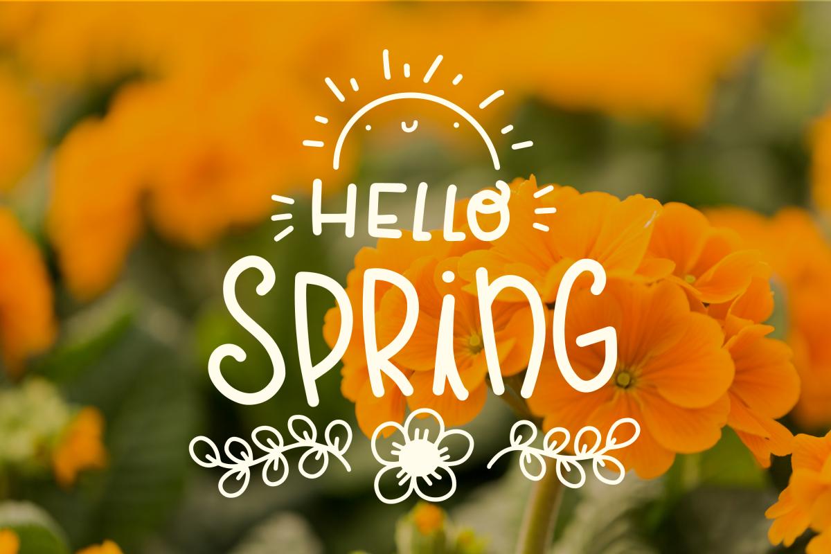 The words "Hello Spring" on a background of orange flowers